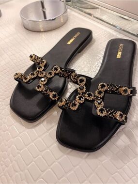 Fashion Nova Black Slide Sandals with Gold Crystal Accents